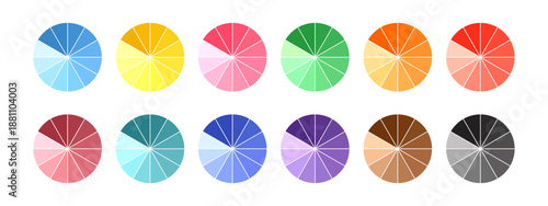 Collection of colorful pie charts and circular color palettes showing data for infographic design