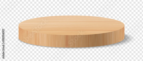 Wooden round podium. Wood pedestal on transparent background for product display, cosmetic mockup