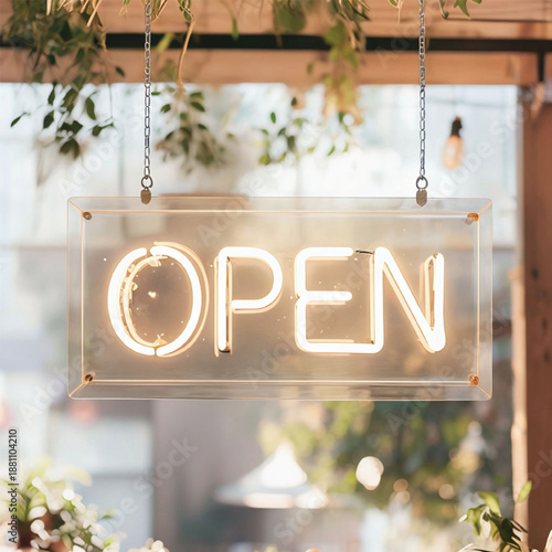 Glowing Neon “Open” Sign Hanging in Cozy Café or Shop Interior with Natural Light