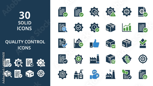 Collection of quality control icons featuring documents, settings, and targets in various shades on a contrasting background