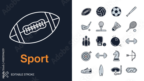 Collection of sports icons and editable stroke elements on contrasting backgrounds for athletic events and activities