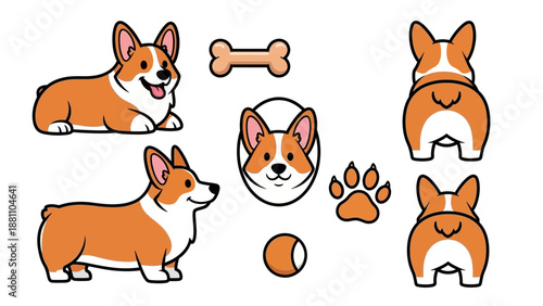 Corgi illustrations featuring various poses and facial expressions with dog toys and paw print in a playful graphic design
