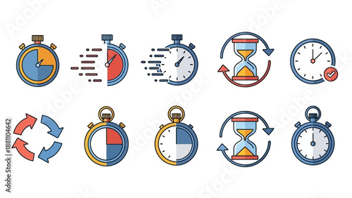 Collection of stopwatches and hourglasses in various designs and colors displayed together