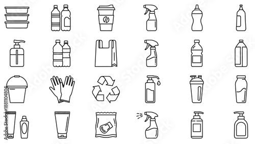 Collection of household cleaning supplies and eco-friendly icons displayed neatly in a grid arrangement