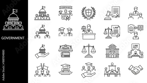 Government Institutions and Officials Illustrated with Simple Line Icons Representing Various Aspects of Governance and Law