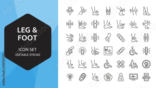 Collection of editable stroke leg and foot icons displayed on a white background with various poses and actions