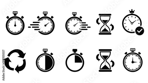 Collection of various monochrome time and clock icons representing different aspects of time management and measurement