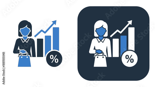 Businesswoman analyzing graphs and charts with percentage symbols in a professional setting