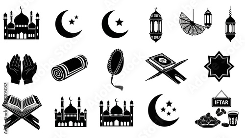 Assorted Islamic symbols and icons, including mosques, crescent moons, and prayer hands, arranged in a grid layout for Ramadan celebration.