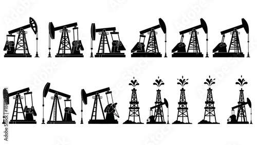 Oil rigs and pumpjacks silhouetted against a plain white background, showcasing various industrial extraction equipment