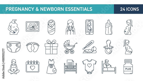 Collection of Pregnancy and Newborn Essential Icons Displayed in a Grid Layout