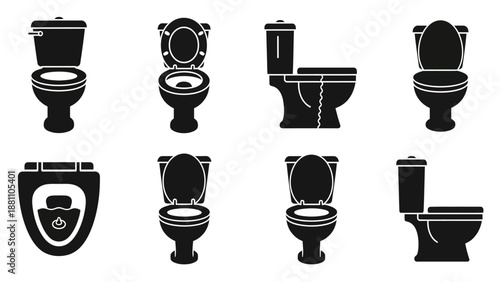 Various toilet designs and styles illustrated in black and white, showcasing different viewpoints and bathroom fixtures.