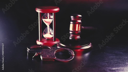 Symbolic image featuring a judge's gavel, handcuffs, and hourglass on a dark surface with surrounding smoke, representing justice, time, and law enforcement.