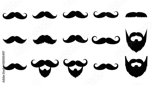Collection of various black mustache and beard silhouettes on white background, showcasing different styles and designs