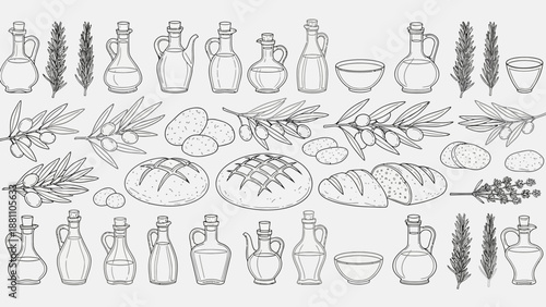 Collection of culinary illustrations featuring herbs, bottles, bowls, and bread displayed from a straightforward perspective.