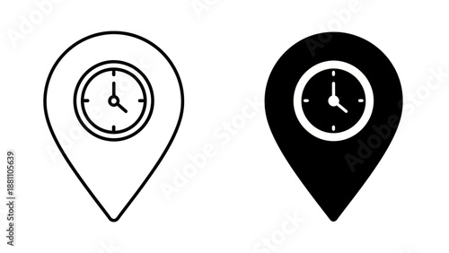 Dual Map Pins with Clock Faces Indicating Location and Time