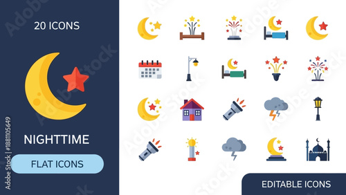Collection of nighttime icons featuring moon, stars, clouds, and buildings in a flat design style
