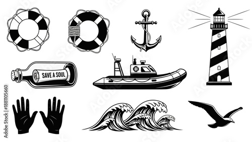 Nautical elements illustration featuring anchor, lighthouse, waves, seagull, and life preserver in a coastal scene.