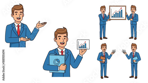 Businessman presenting data analysis reports in various poses and gestures