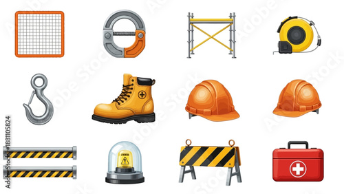 Collection of safety equipment and tools for industrial work environment viewed from directly above