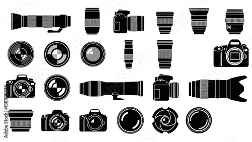 Collection of Camera Icons and Accessories Displayed in a Grid Format, Emphasizing Photography Equipment and Tools