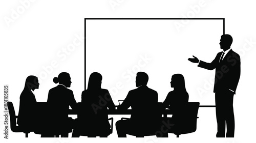 Silhouette of a business presentation with a speaker and seated attendees in a meeting