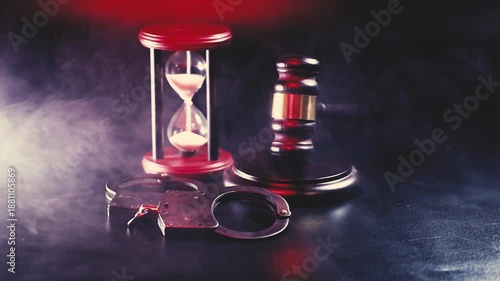 Symbolic image featuring a judge's gavel, handcuffs, and hourglass on a dark surface with surrounding smoke, representing justice, time, and law enforcement.