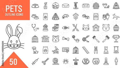 Collection of various pet icons and symbols in outline style, showcasing a diverse range of animals and related objects