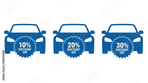 Three blue cars with discount labels on the front, indicating 10%, 20%, and 30% off, set against a clean background.