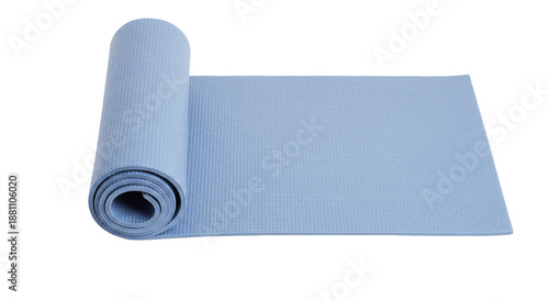 Light blue rolled up yoga mat for fitness and exercise, isolated on transparent background.