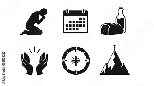 Illustration set depicting spiritual moments, prayer, and nature worship elements