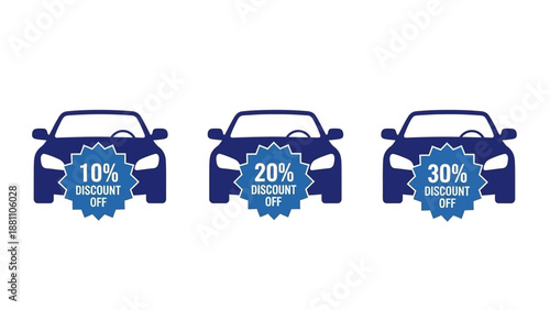 Three cars with discount offers displayed on blue badges in front view