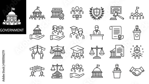 Government related icons set, illustration of various government institutions and symbols displayed in a grid layout
