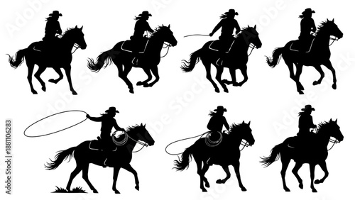 Cowboy riding horse in various action poses with rope, silhouetted illustrations showcasing riding skills and movements.