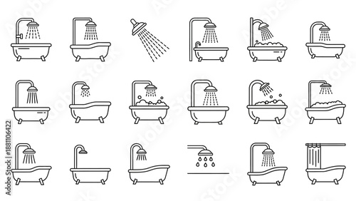Collection of simple line art bathtubs with various people taking relaxing baths and showers in a clean modern bathroom setting