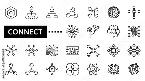 Collection of minimalist molecular structure icons and abstract connection symbols in a grid layout on a clean white background from a straightforward viewpoint