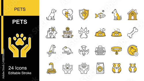 Collection of Editable Pet Icons Featuring Animals and Symbols in Yellow and Black