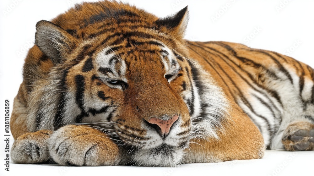 Obraz premium A beautiful tiger lies quietly showcasing its rich fur patterns and relaxed demeanor in this serene moment.
