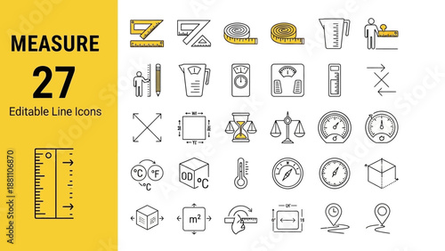 Collection of Editable Line Icons Representing Measurement Tools and Concepts in a Grid Layout on a White Background
