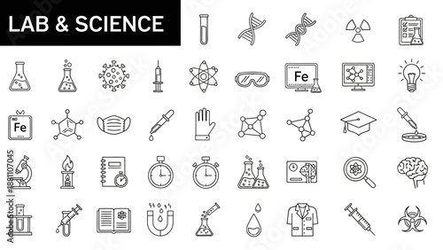 Collection of simple line icons representing various laboratory equipment and scientific concepts in a grid layout for educational purposes