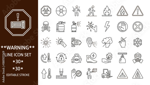 A collection of thirty line icons depicting warning signs and symbols on a white background
