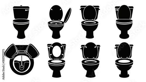 Collection of various toilet silhouettes in different states and angles displayed on a white background, viewed from the front.