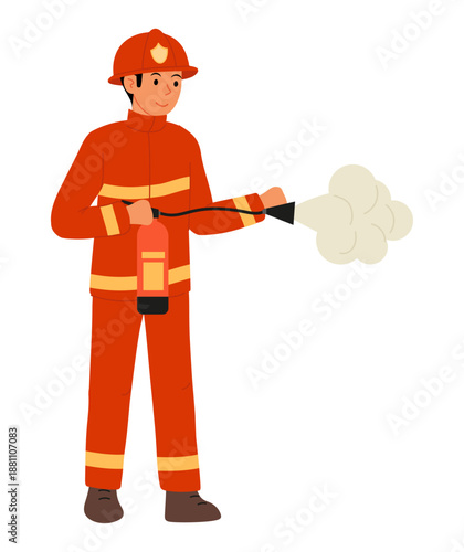 Operation of powder fire extinguisher. Professional firefighter in red protective suit holds fire extinguisher in his hands