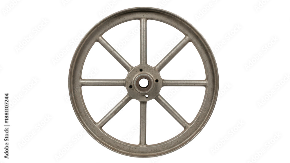 Obraz premium Rustic iron wagon wheel 19th century on transparent background png (गाड़ी का पहिया)