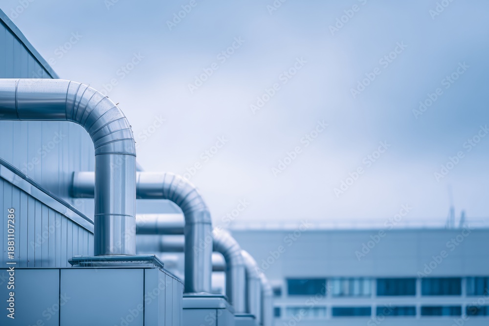Naklejka premium Modern Wastewater Treatment Facility Designed With Geometric Shapes and Natural Light at Midday in an Industrial Area
