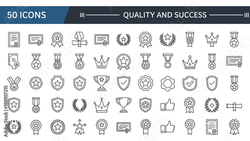 Collection of 50 monochrome icons representing quality and success symbols arranged in a grid layout