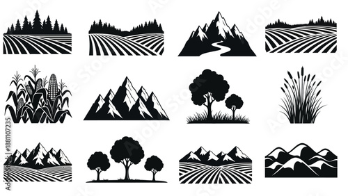 Collection of black and white landscape illustrations featuring mountains, trees, and fields from various viewpoints