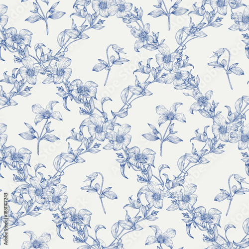 Toile art square cell ornament Floral vector vintage seamless pattern Clematis flowers, blue beige. Hand drawn background for design packaging, textile, wallpaper, Fashion apparel, wedding, holiday