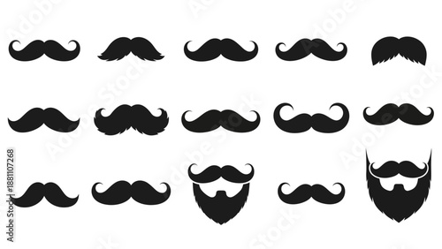 Collection of various facial hair styles including mustaches and beards in black silhouettes on a white background, showcasing different shapes and designs
