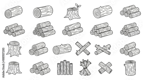 Various wood logs and timber illustrations in different orientations and cuts, showcasing forestry elements in a detailed and artistic manner from a straightforward viewpoint.